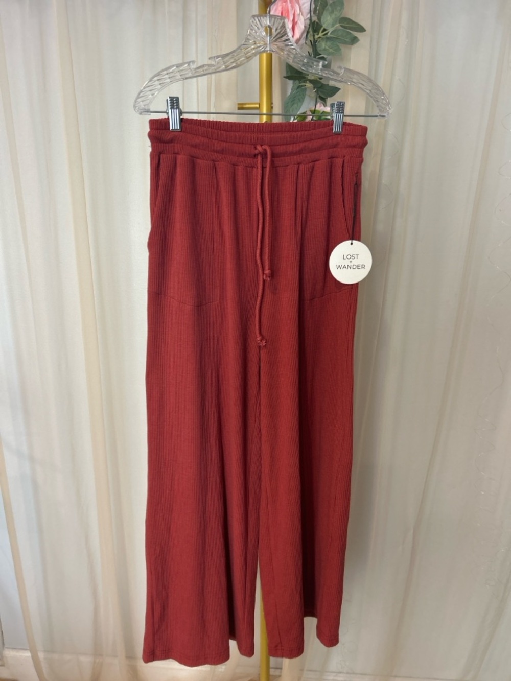 Lost + Wander Terracotta Ribbed Knit Pants Wide Leg Lounge